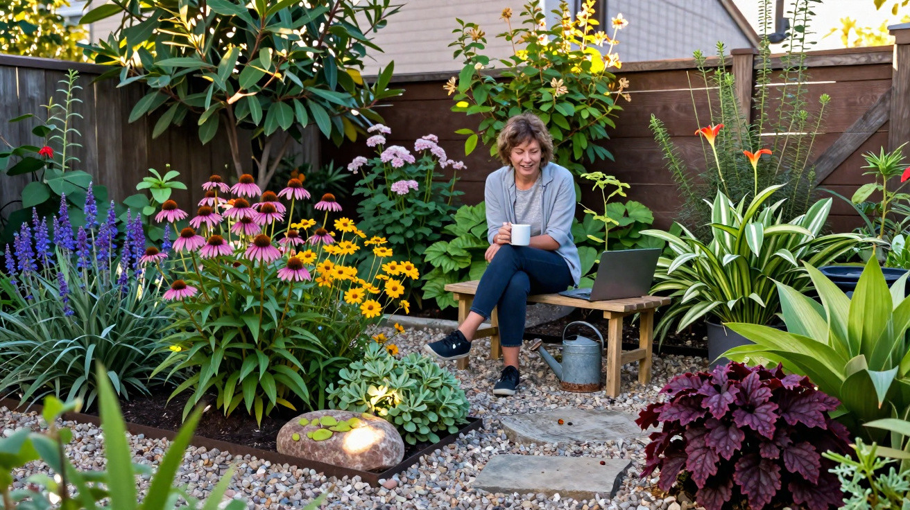 Mulher sentada num banco de jardim com flores coloridas, a beber de uma chávena e com um portátil ao lado.
