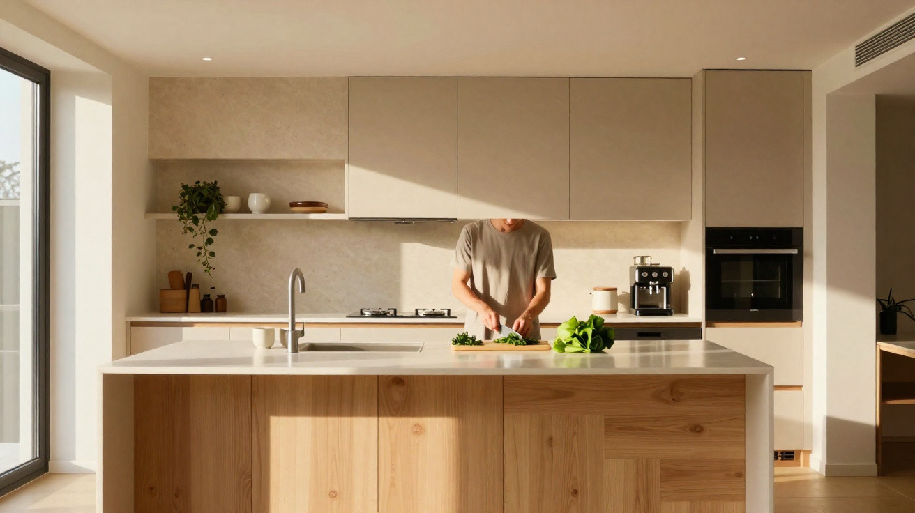 Pessoa a cortar legumes numa bancada ampla de cozinha moderna com armários claros e luz natural.