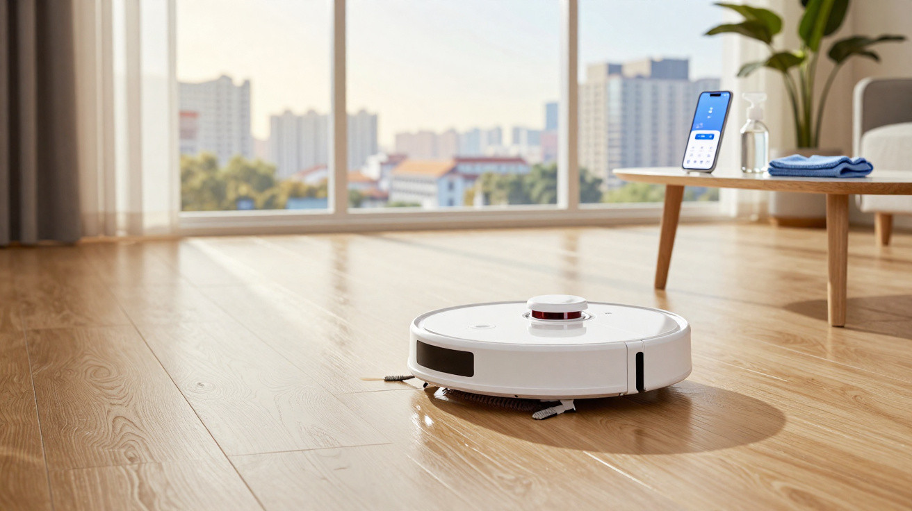 Aspirador robot branco a limpar chão de madeira com janela grande e mesa com smartphone num espaço moderno.