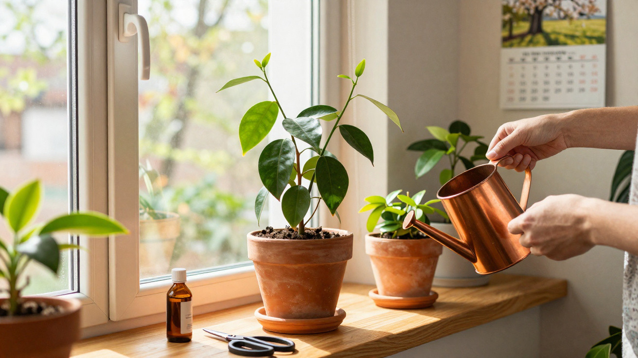 Mãos a regar plantas em vasos de barro numa janela iluminada com tesoura e frasco na madeira.