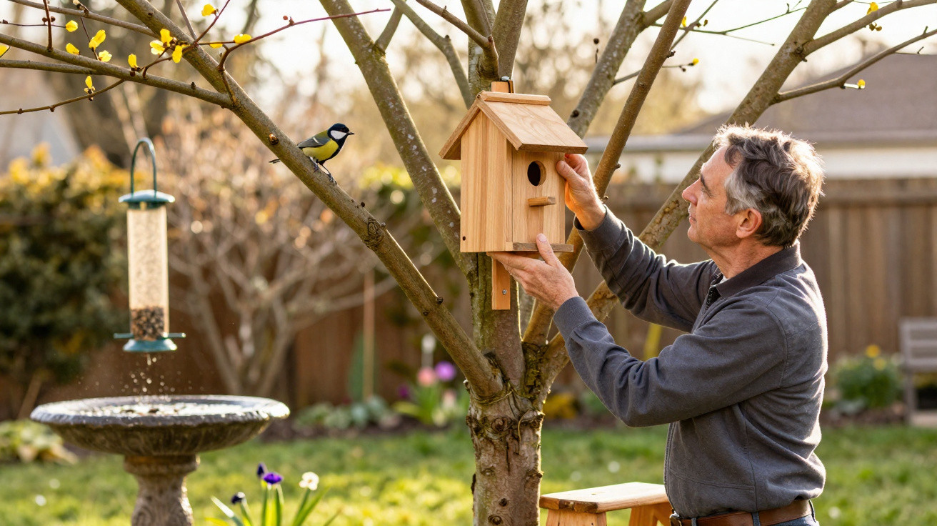 Homem a instalar uma casinha para pássaros numa árvore num jardim com um pássaro próximo.