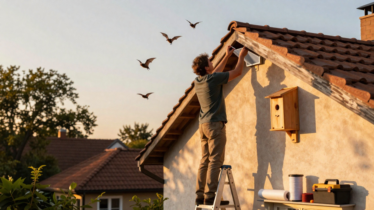 Homem numa escada instala abrigo para morcegos na parede de uma casa ao pôr do sol.