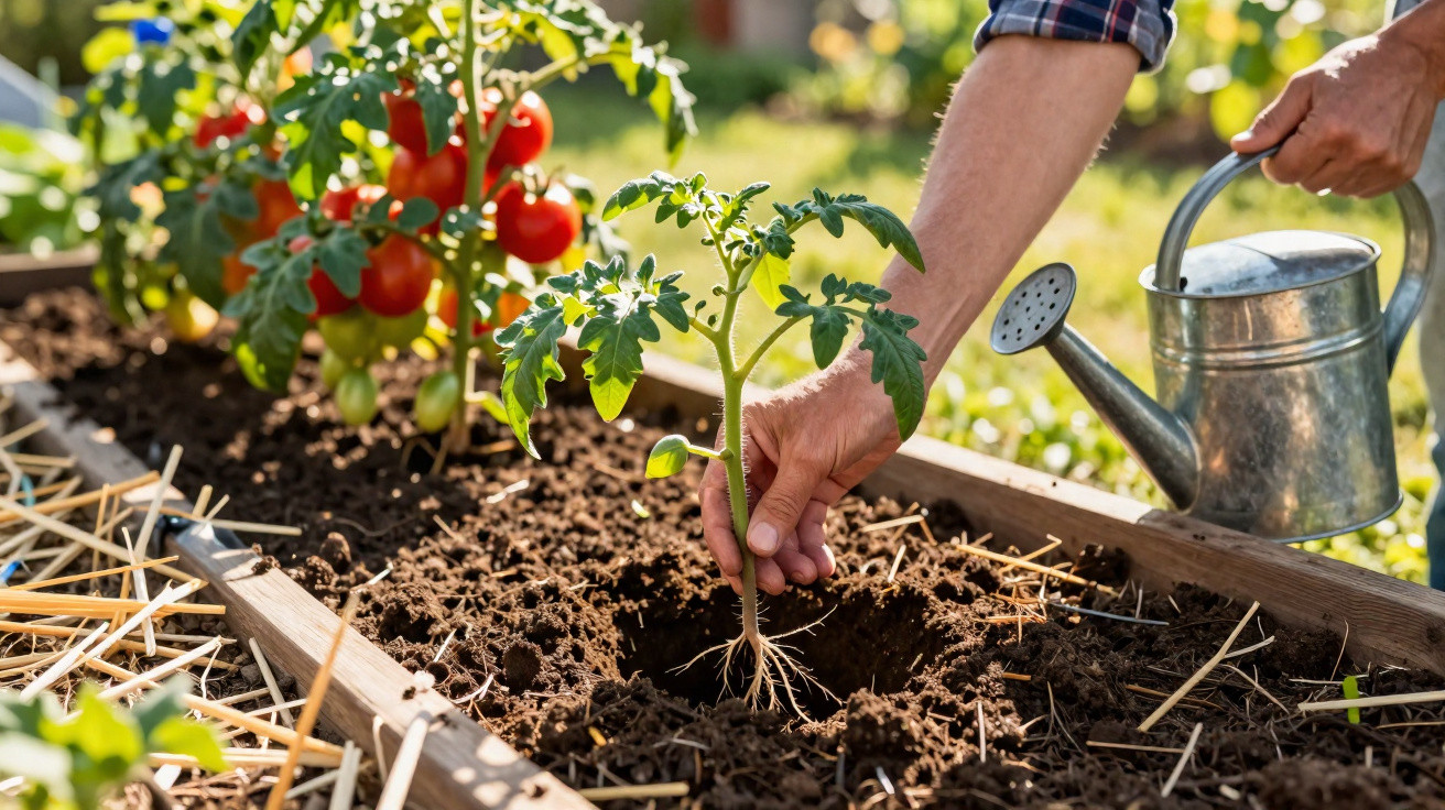Pessoa a plantar uma muda de tomateiro numa horta, com regador metálico na mão direita.