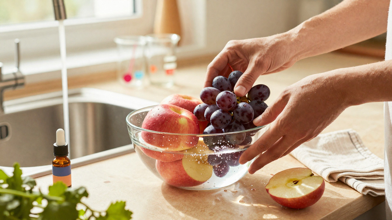 Mãos a colocar uvas numa taça com maçãs dentro de uma cozinha iluminada pela janela.