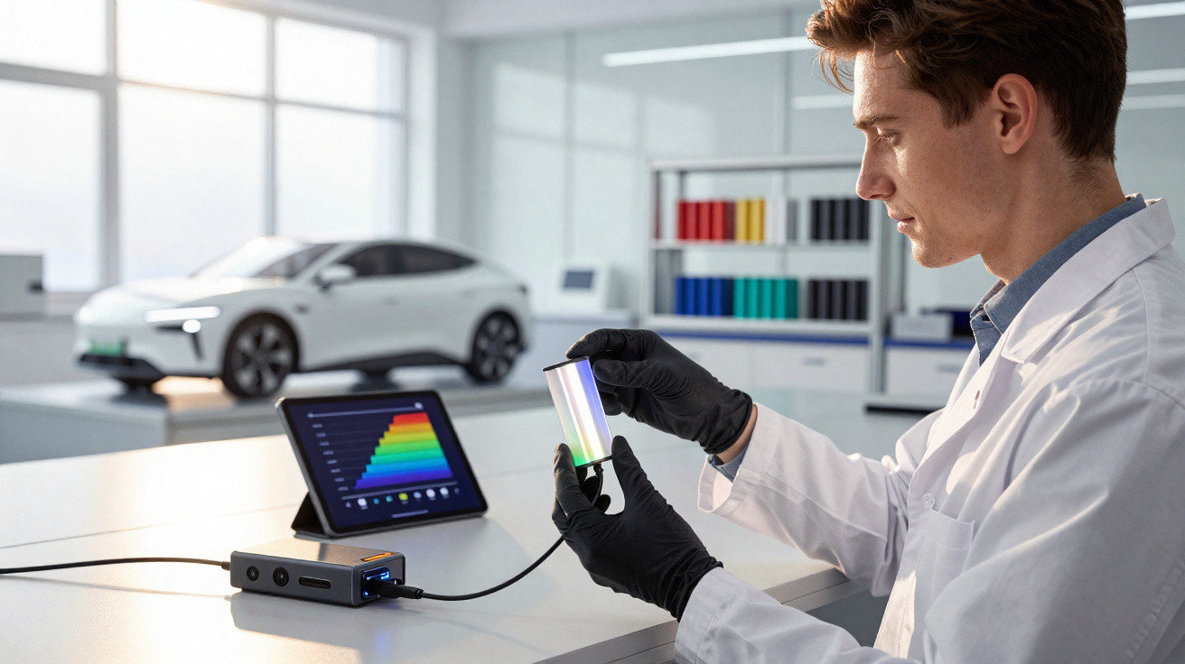 Homem com bata branca e luvas negras analisa dispositivo tecnológico enquanto observa gráfico num tablet, carro elétrico ao f