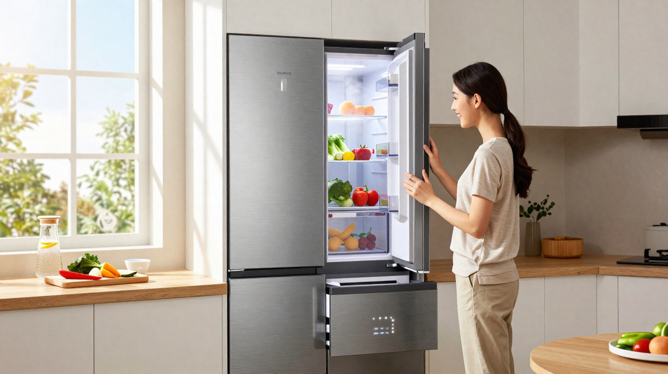 Mulher a abrir frigorífico moderno inox numa cozinha luminosa com alimentos frescos no interior.