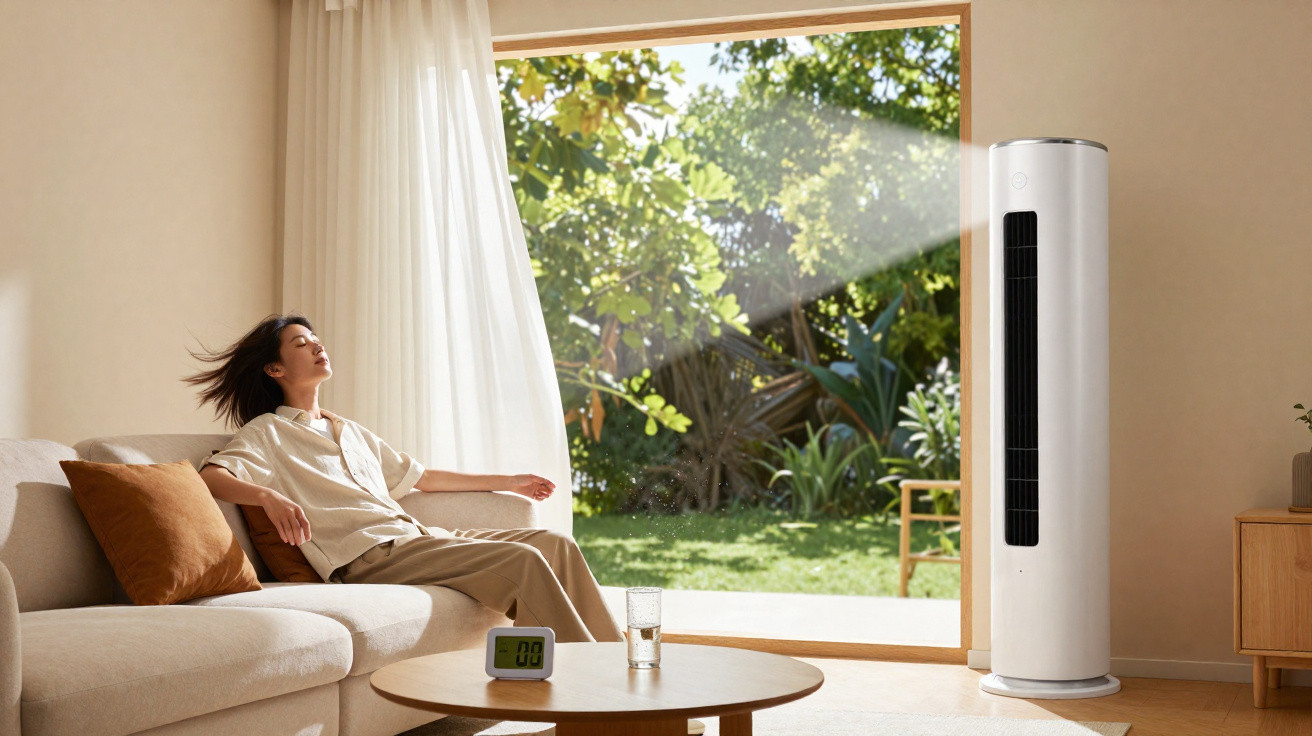 Mulher relaxa no sofá com ar condicionado vertical ligado e grande janela para jardim verde iluminado pelo sol.