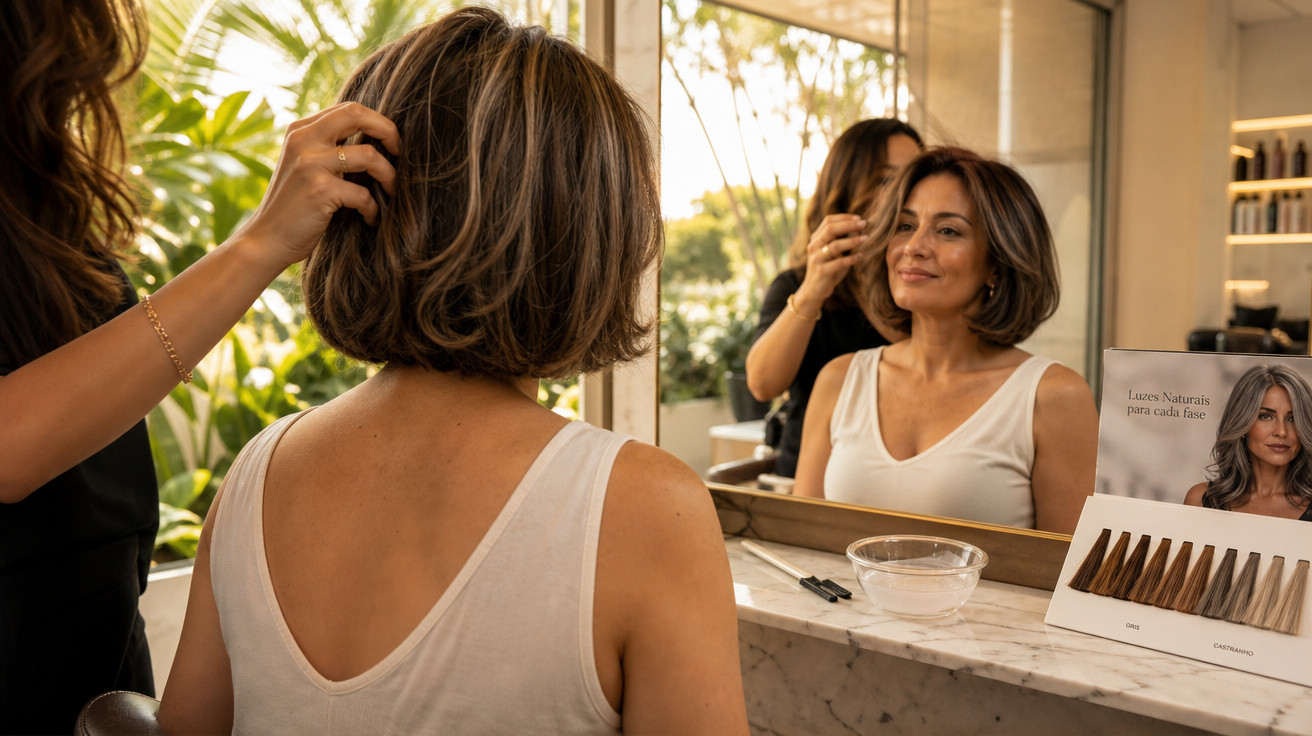 Mulher sentada a experimentar corte de cabelo num salão com cabeleireira a arranjar o seu estilo.