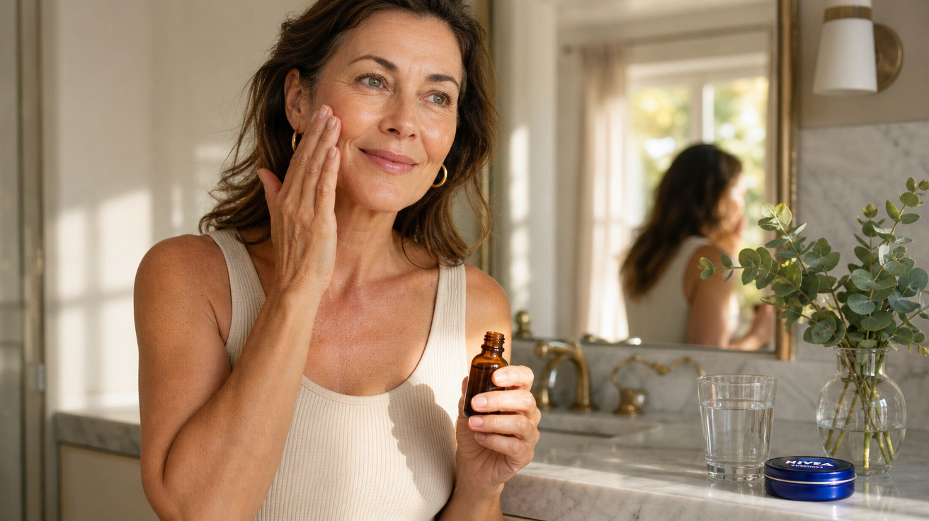 Mulher de meia-idade aplica sérum facial em casa, em frente a espelho num ambiente luminoso e acolhedor.