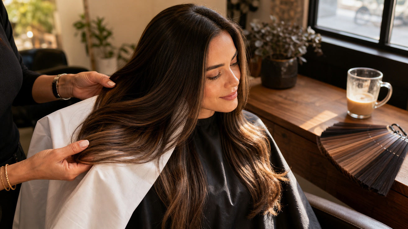 Mulher sentada a receber tratamento capilar num salão com luz natural e decoração acolhedora.