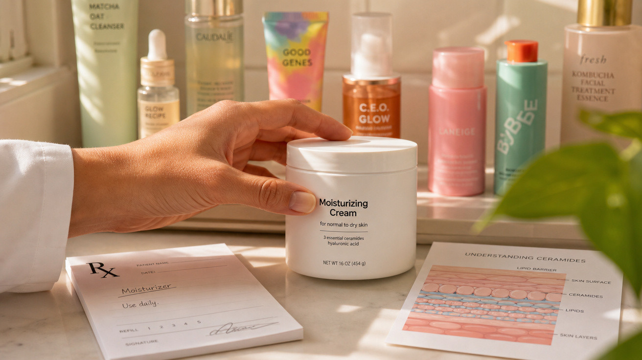 Mão segurando creme hidratante branco, com vários produtos de cuidados da pele e folhas explicativas numa mesa.