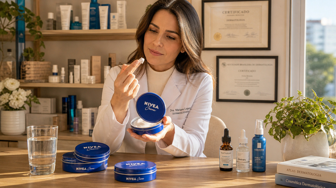 Dermatologista numa clínica examina creme Nivea enquanto está sentada à mesa com produtos de pele e certificados ao fundo.