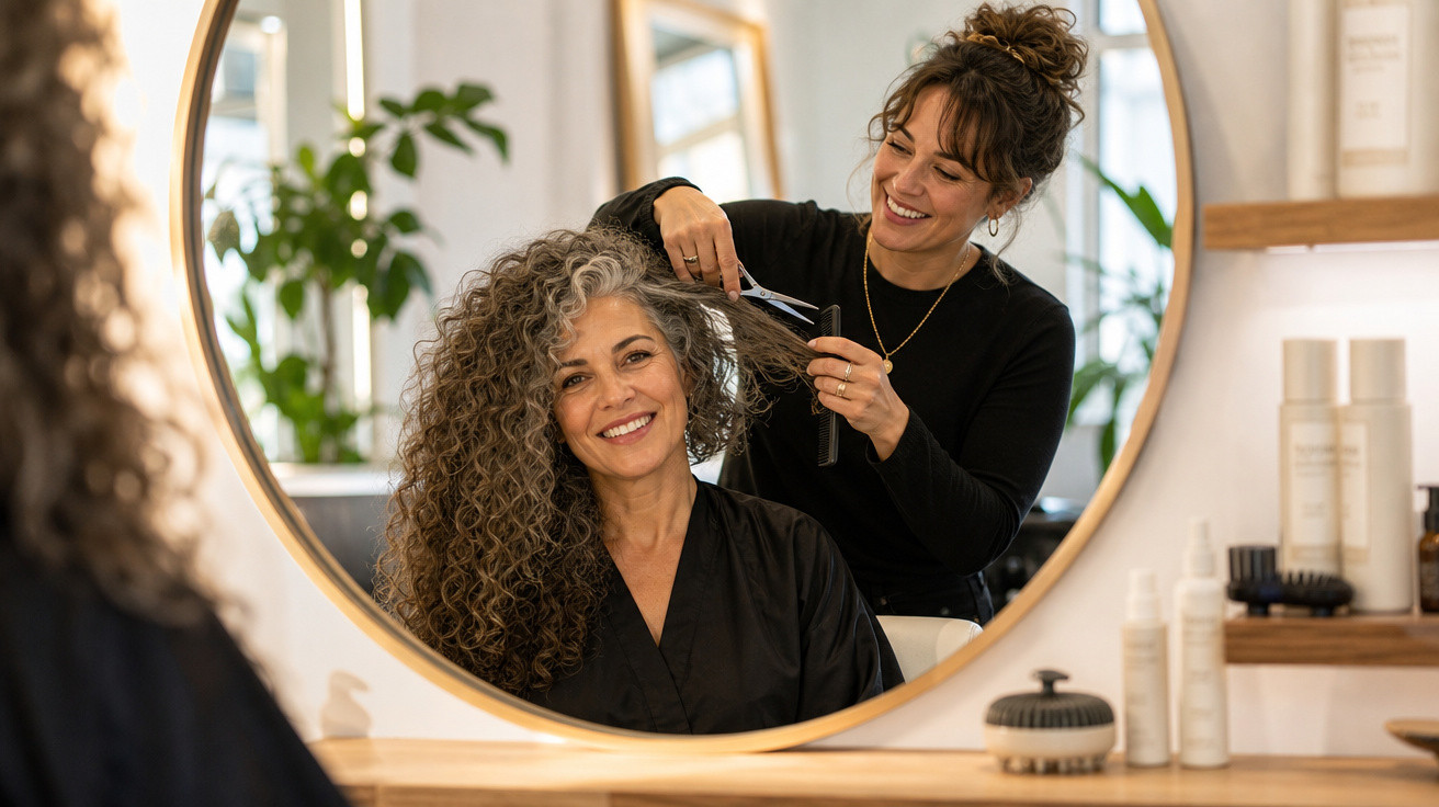 Mulher sorridente a cortar o cabelo de cliente com cabelo comprido e encaracolado num salão moderno.