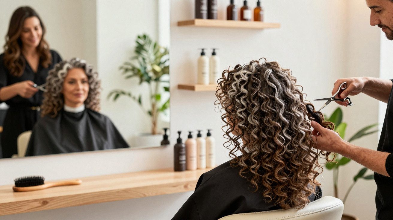 Mulher com cabelo ondulado e risca branca a ser penteada num salão de cabeleireiro.