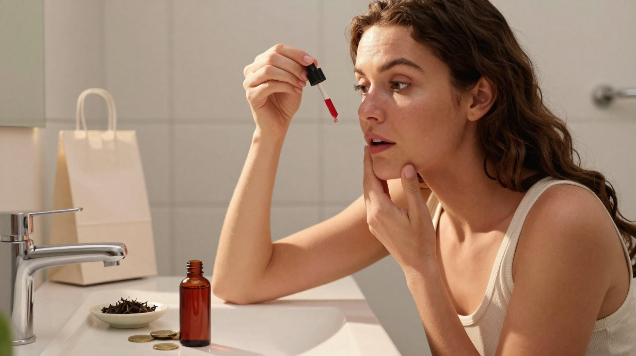 Mulher a aplicar soro facial vermelho com conta-gotas, sentada junto a uma pia num ambiente luminoso.