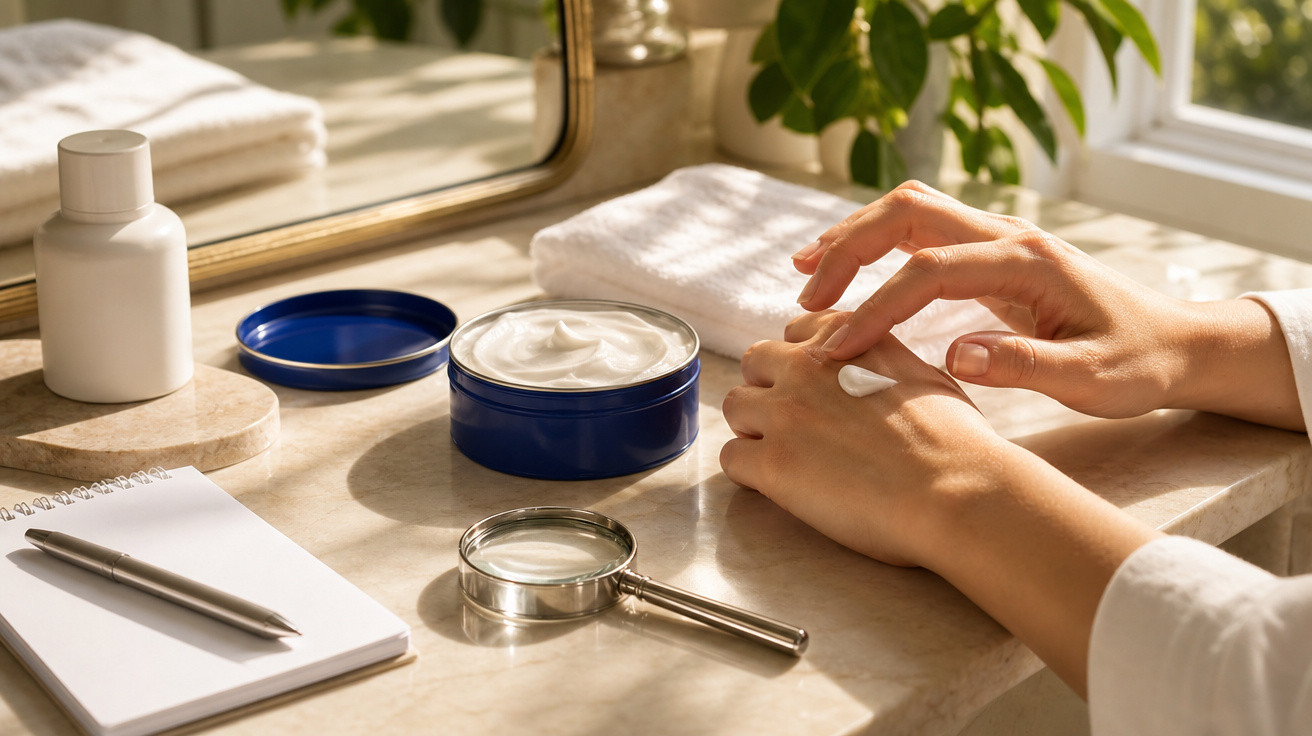 Mãos femininas a aplicar creme hidratante num espaço com espelho, toalha, lupa e bloco de notas.