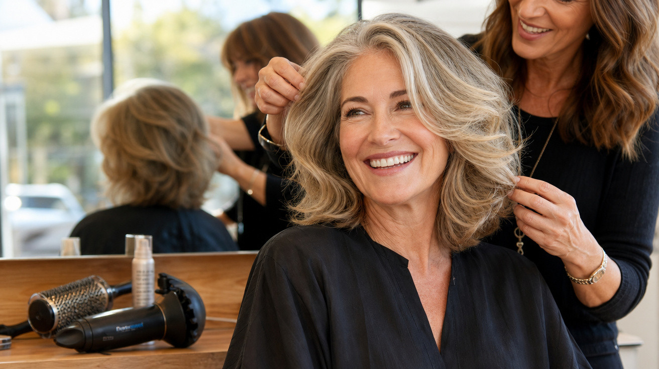 Mulher sorridente a receber penteado num salão de cabeleireiro em ambiente luminoso e moderno.