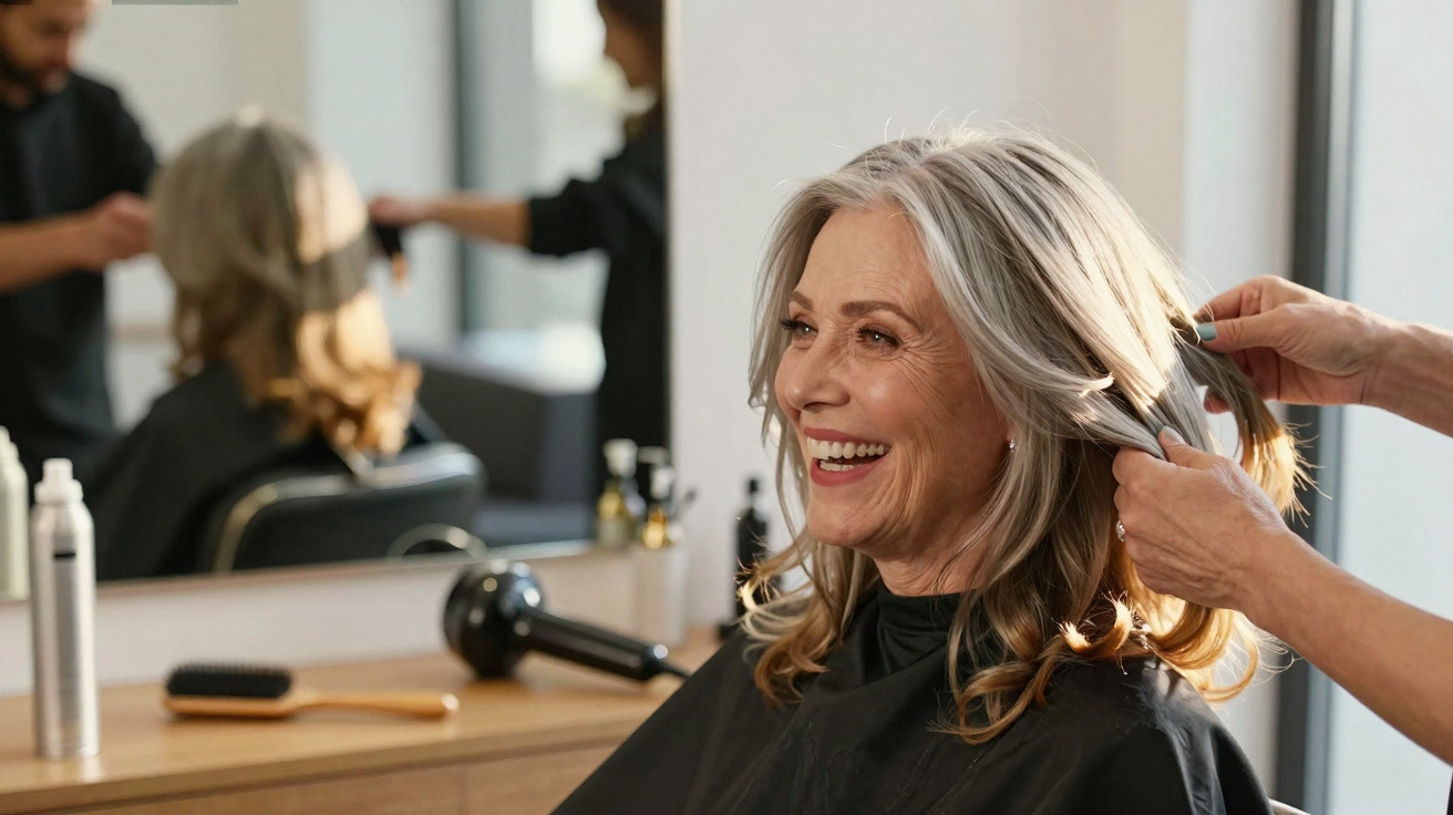 Mulher sorridente numa cadeira de cabeleireiro com profissional a mexer no seu cabelo grisalho.