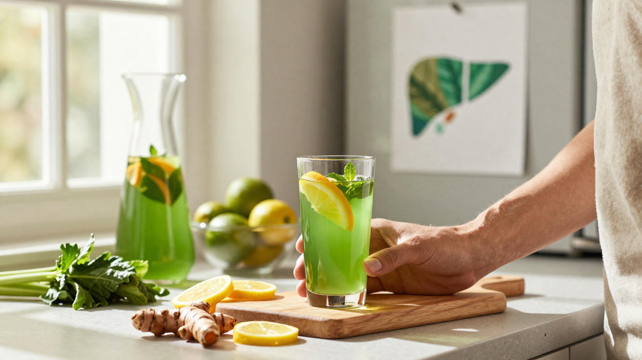 Copo de bebida verde com limão e hortelã numa cozinha com ingredientes frescos à volta.