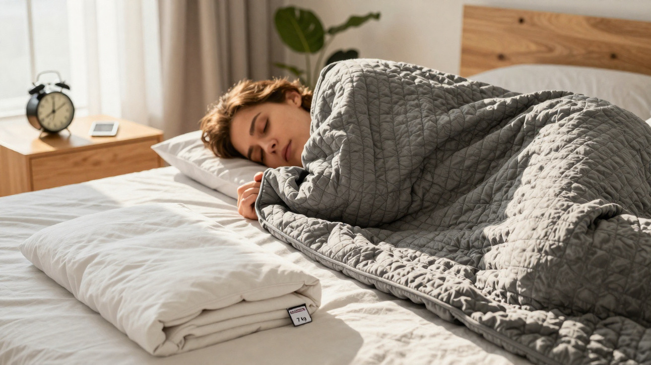 Mulher a dormir numa cama com cobertor cinza acolchoado e roupa de cama clara, relógio de mesa ao fundo.