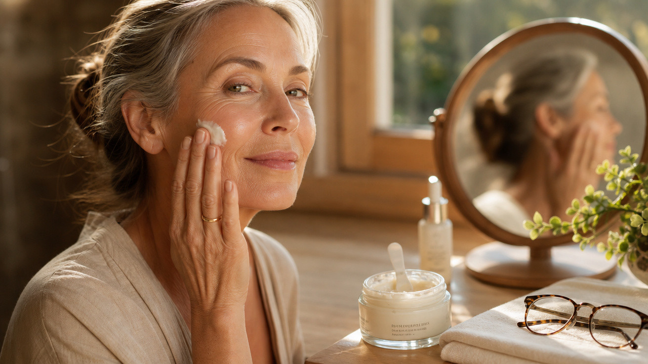 Mulher madura aplica creme facial sentada à secretária com espelho, jarro de creme e óculos.