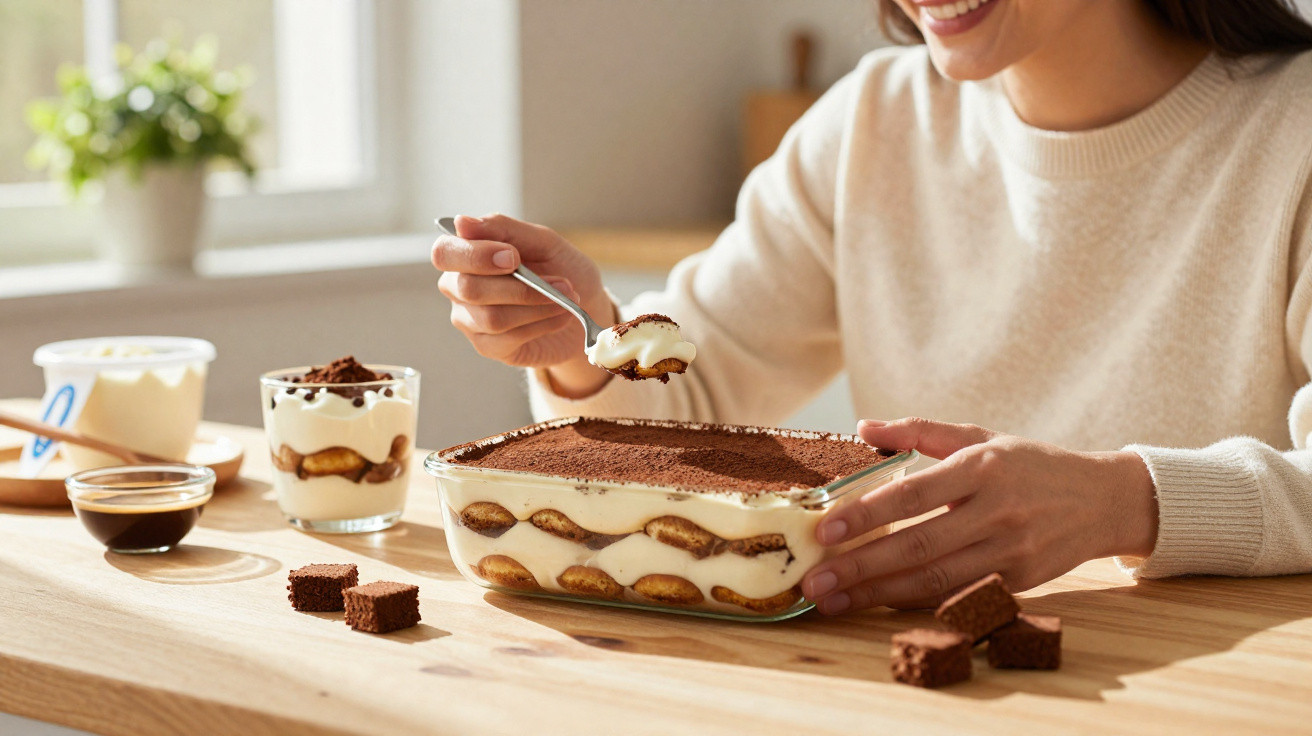 Pessoa sorridente a comer tiramisu numa taça de vidro numa mesa de madeira, com café e nata ao lado.