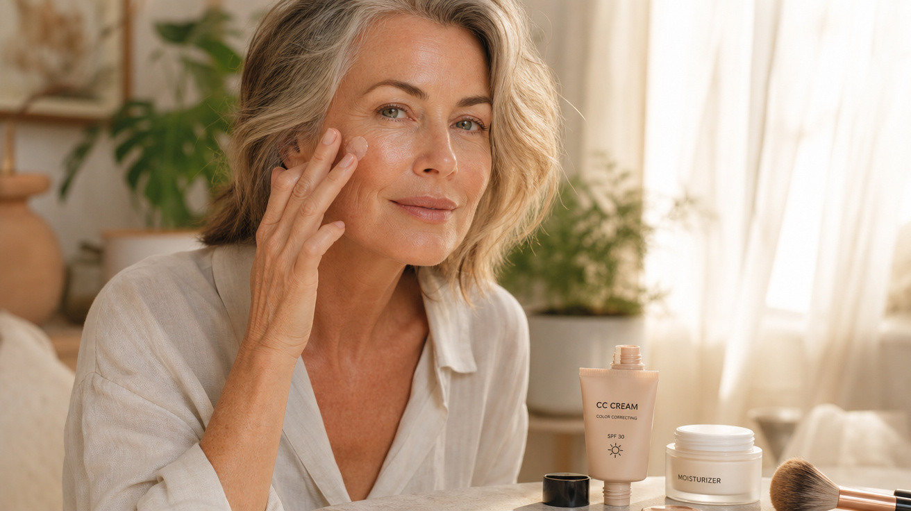 Mulher madura aplica creme no rosto sentada junto a produtos de cuidados de pele numa mesa iluminada.