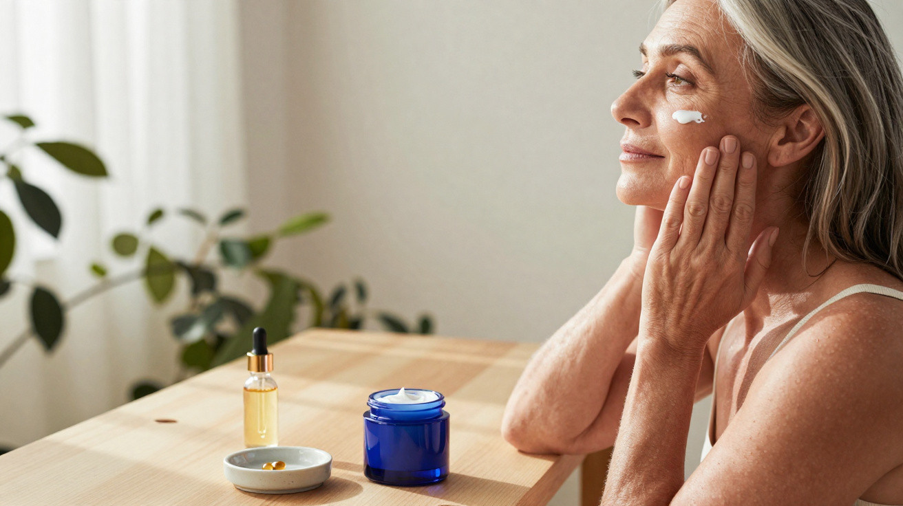 Mulher madura aplicando creme no rosto em frente a espelho com produtos de cuidado facial à sua frente.