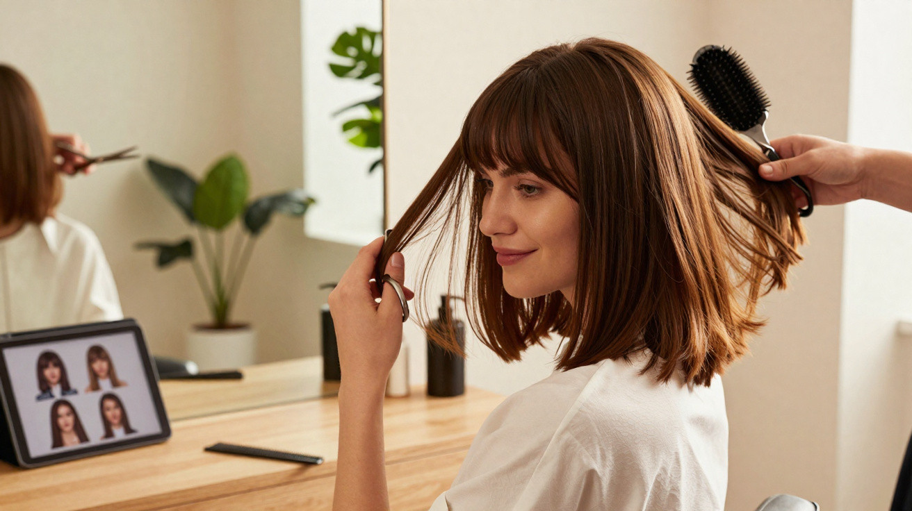 Mulher sentada em salão a cortar o cabelo, com tablet mostrando diferentes estilos de cabelo.