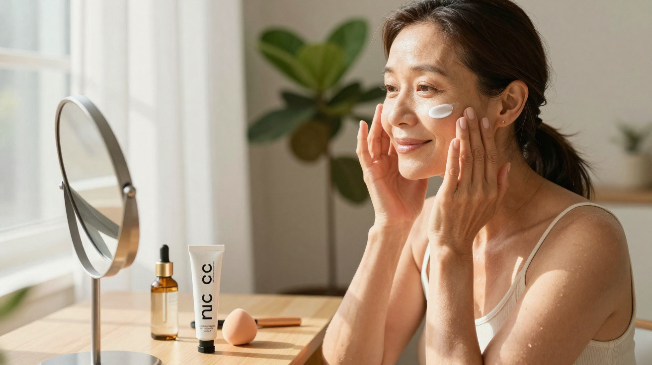 Mulher asiática a aplicar creme no rosto sentada numa mesa com espelho e produtos de beleza.