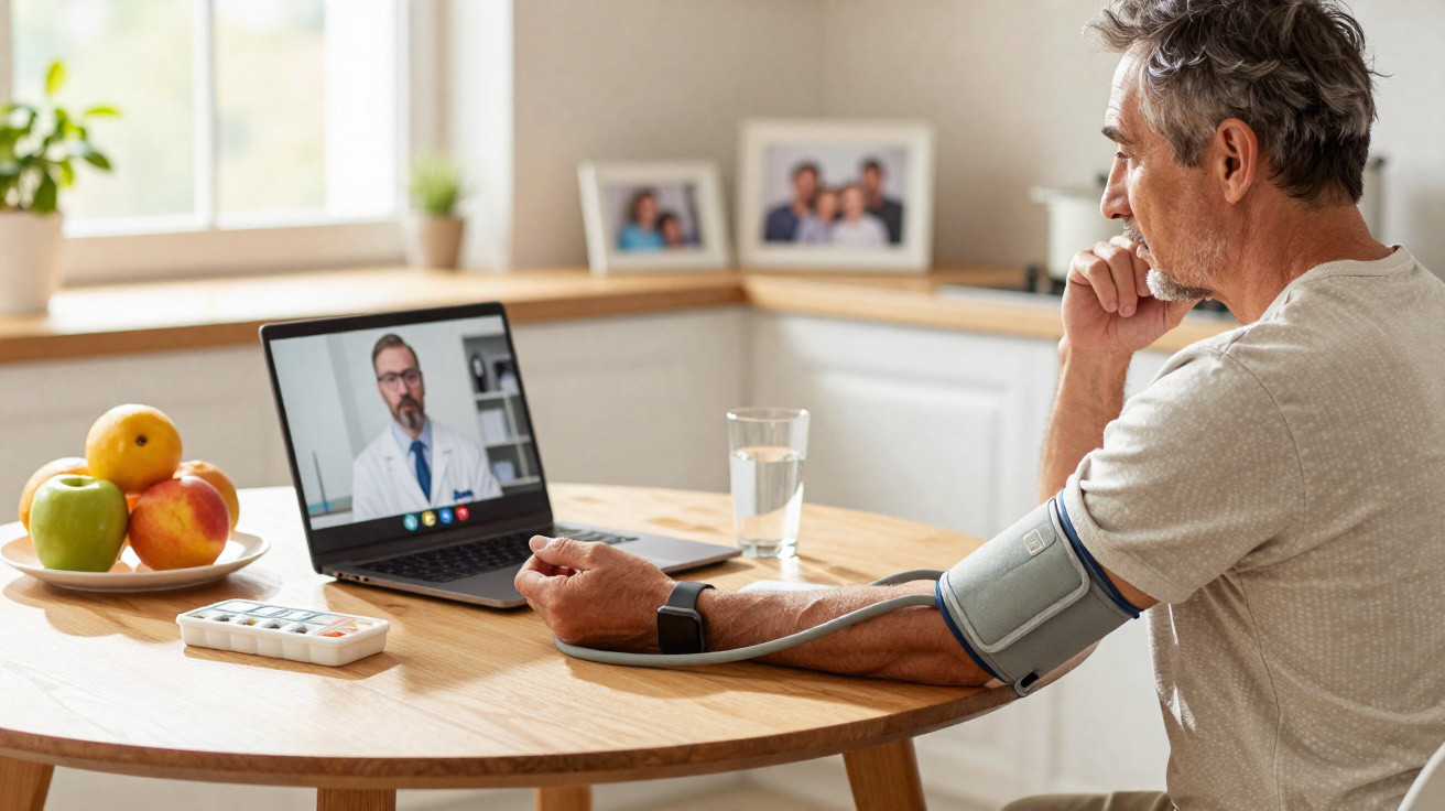 Homem a medir tensão arterial enquanto consulta médico em chamada de vídeo no seu computador portátil.