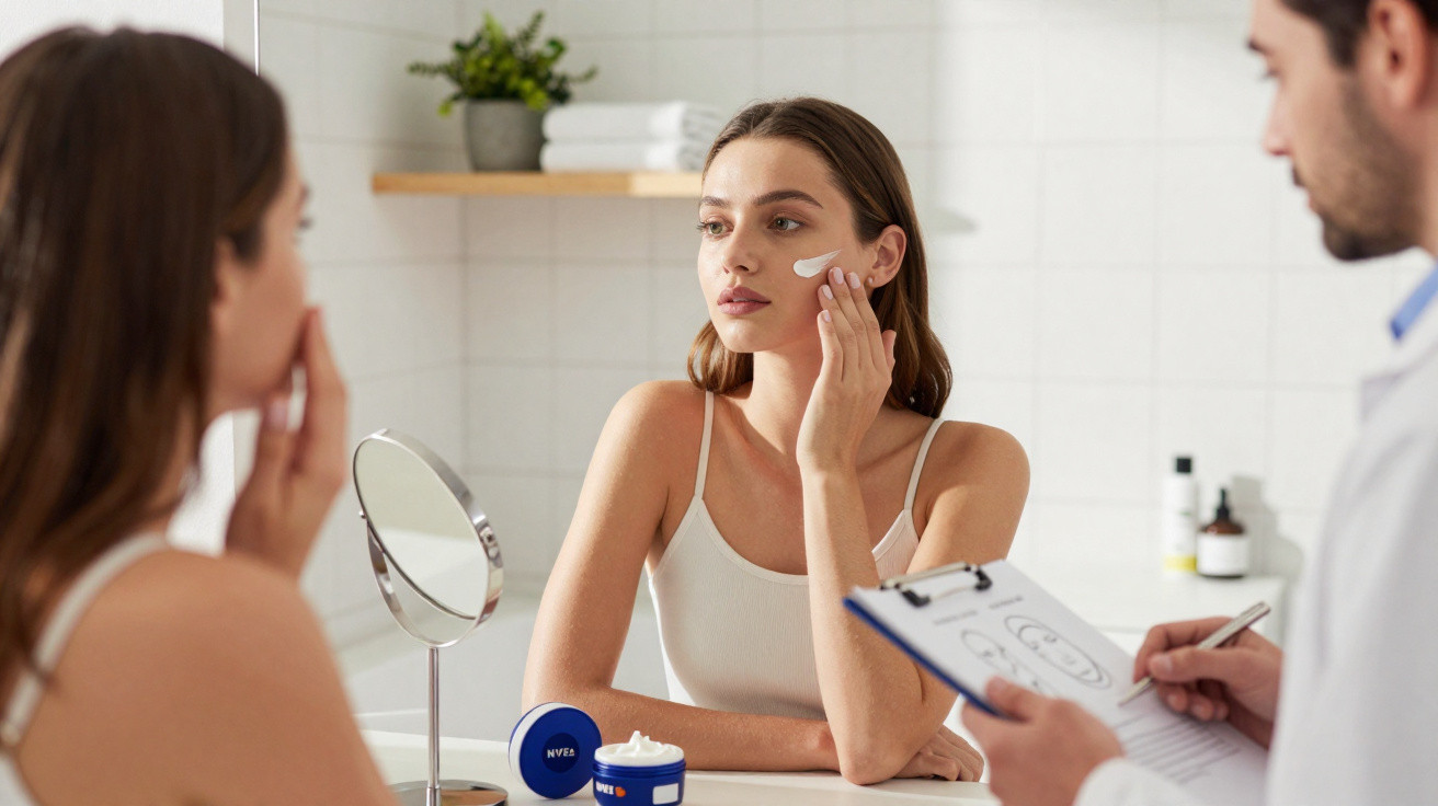 Mulher aplica creme facial num consultório com especialista a fazer anotações numa prancheta.