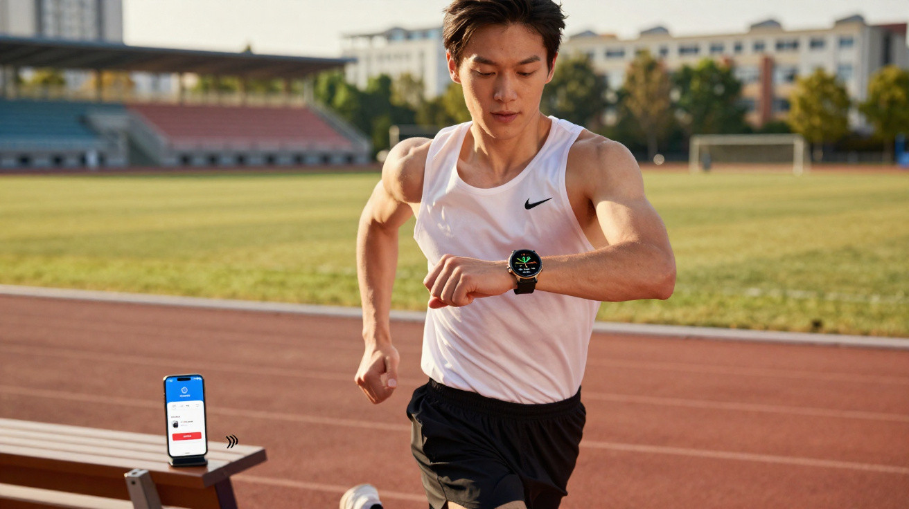 Homem a correr numa pista de atletismo a verificar dados num relógio inteligente no pulso.