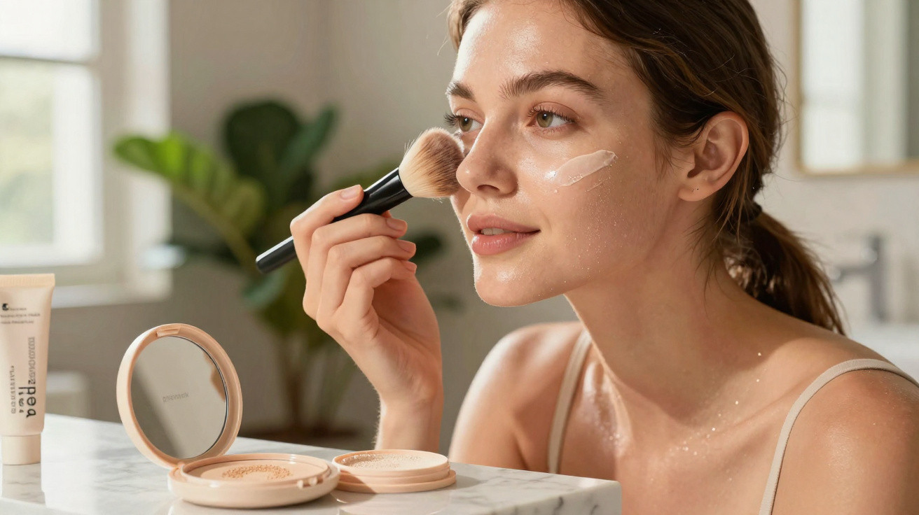 Mulher a aplicar pó facial num ambiente iluminado com pincel, com espelho e produtos no lavatório.