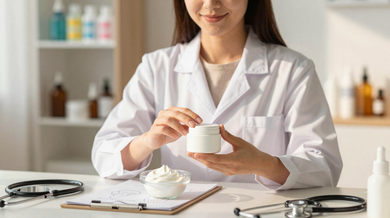 Profissional de saúde em bata branca a aplicar creme num frasco num consultório com medicamentos ao fundo.