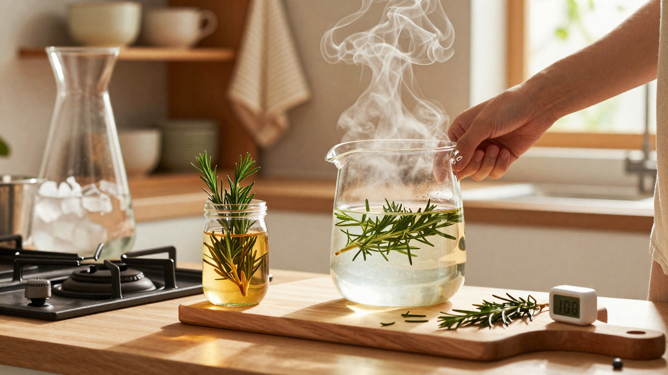 Pessoa a verter água quente num jarro com raminhos de alecrim numa cozinha moderna iluminada.