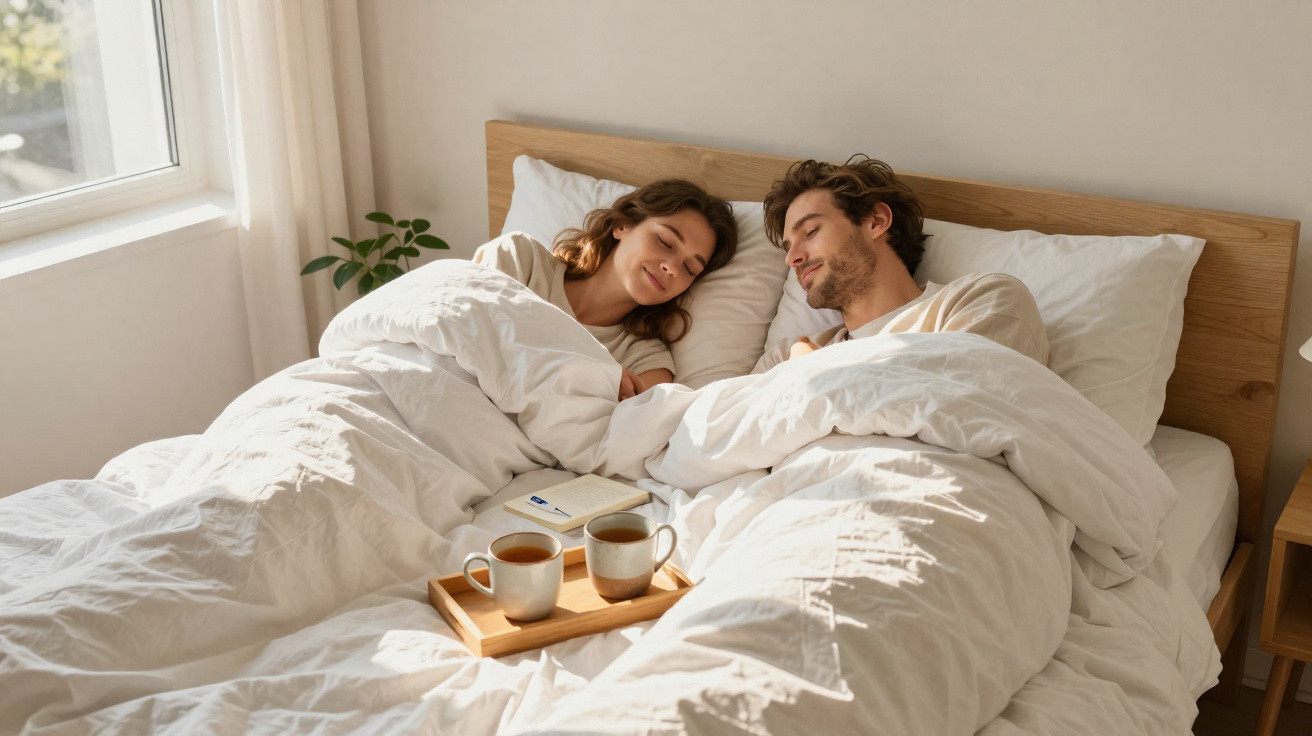Casal deitado na cama com cobertores brancos, sorriso e luz natural a entrar pela janela.