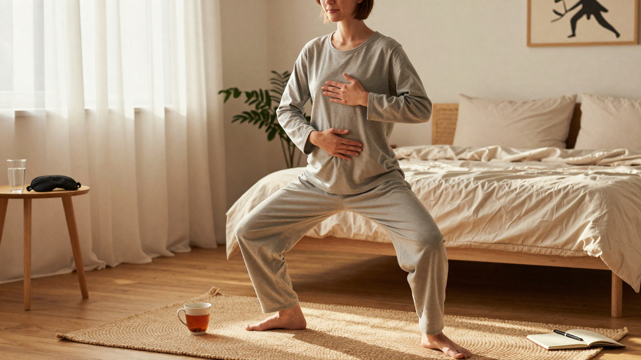 Pessoa a praticar yoga no quarto de casa com roupas confortáveis e chá numa chávena no chão.