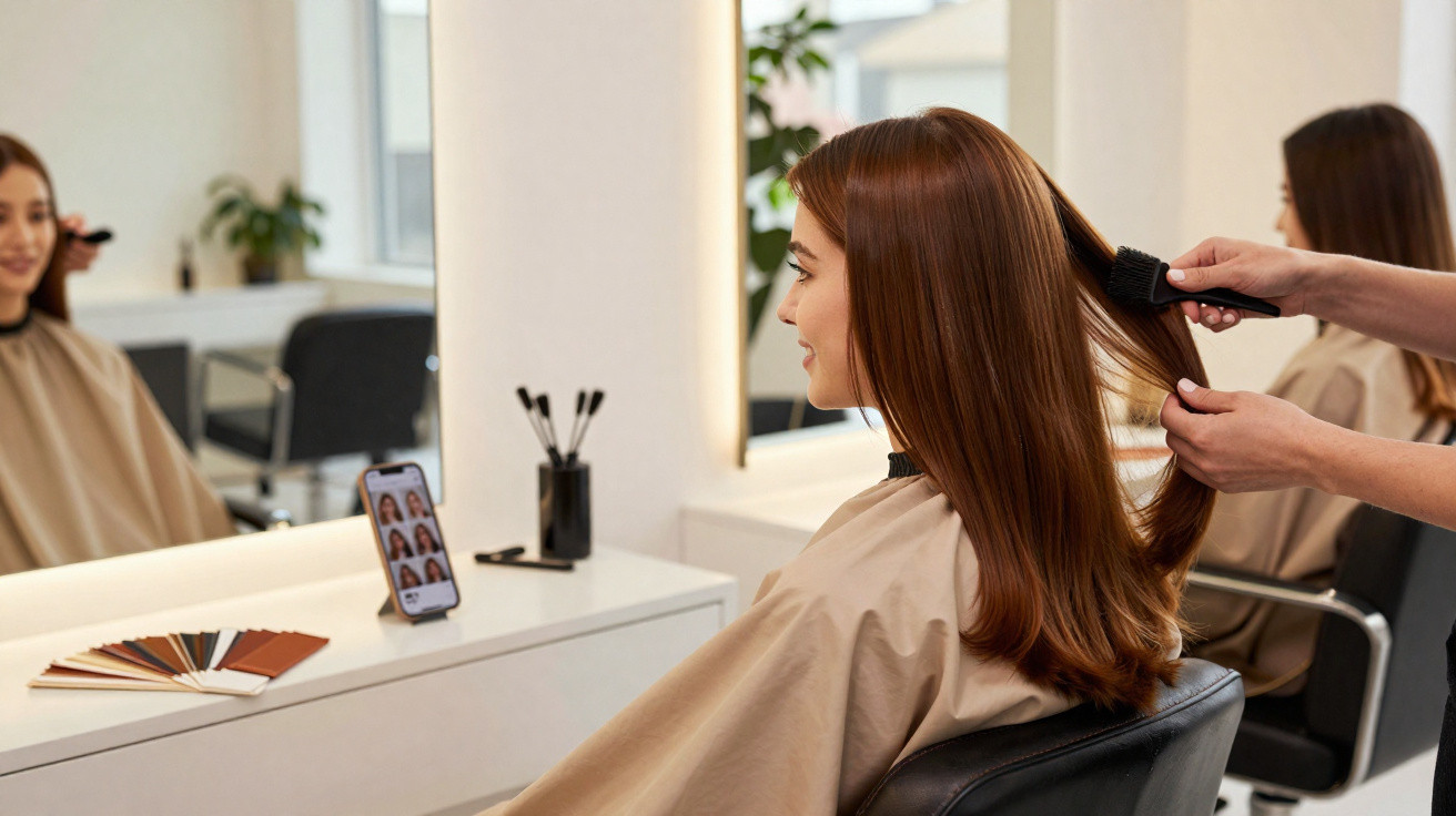 Mulher sentada no cabeleireiro a ser penteada, com telefone e amostras de cores na bancada.