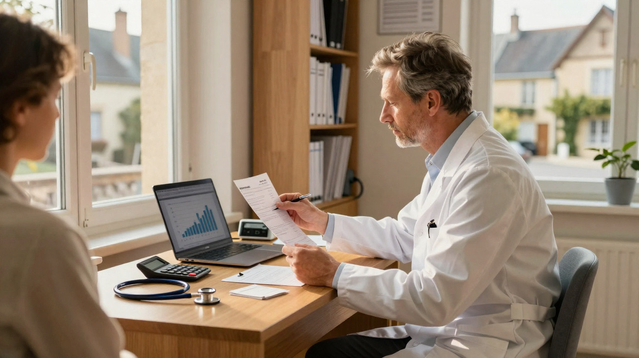 Médico analisando documentos enquanto conversa com paciente numa consulta numa sala iluminada.