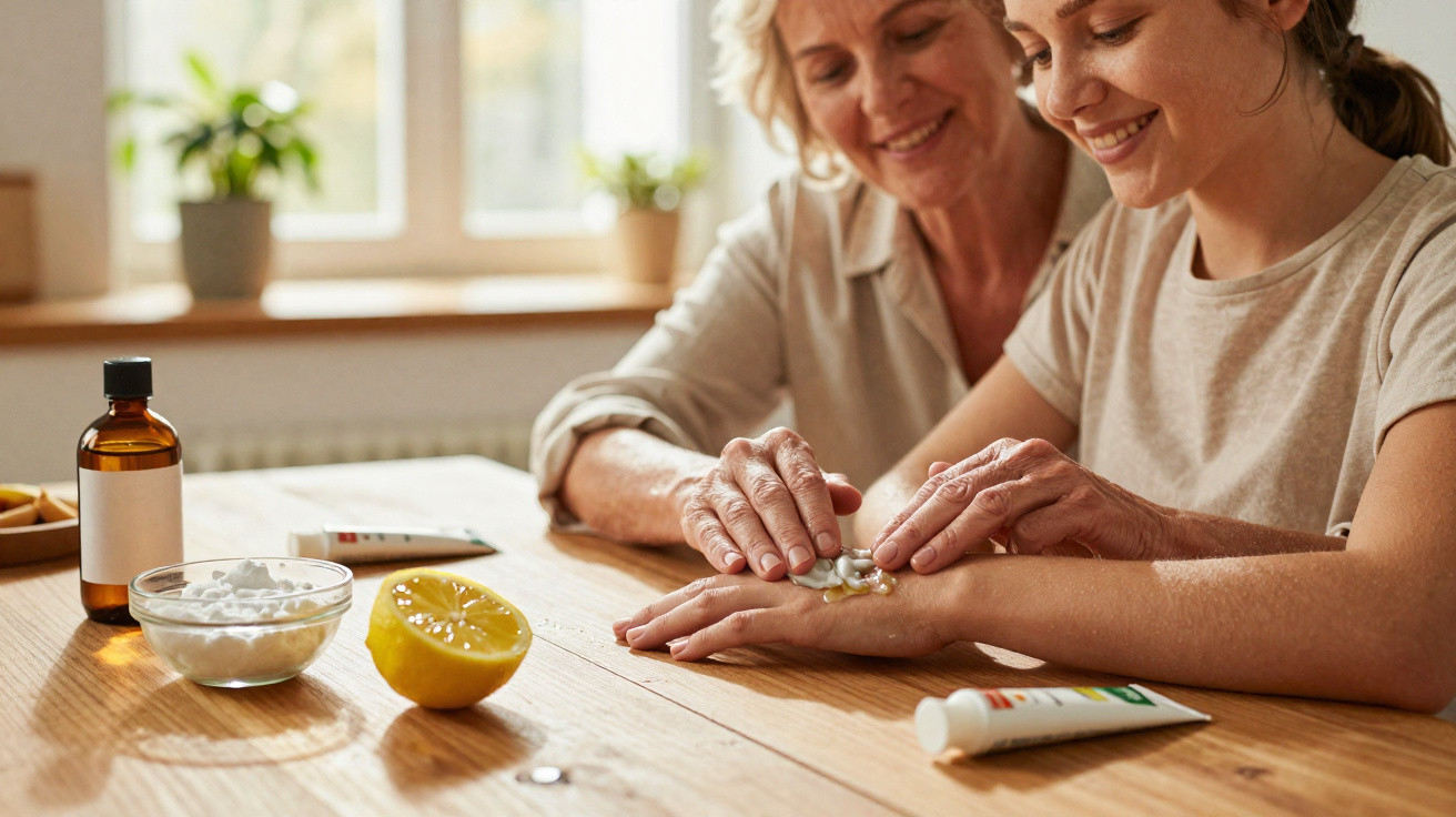 Idosa a aplicar creme natural com limão nas mãos de uma criança numa cozinha iluminada.