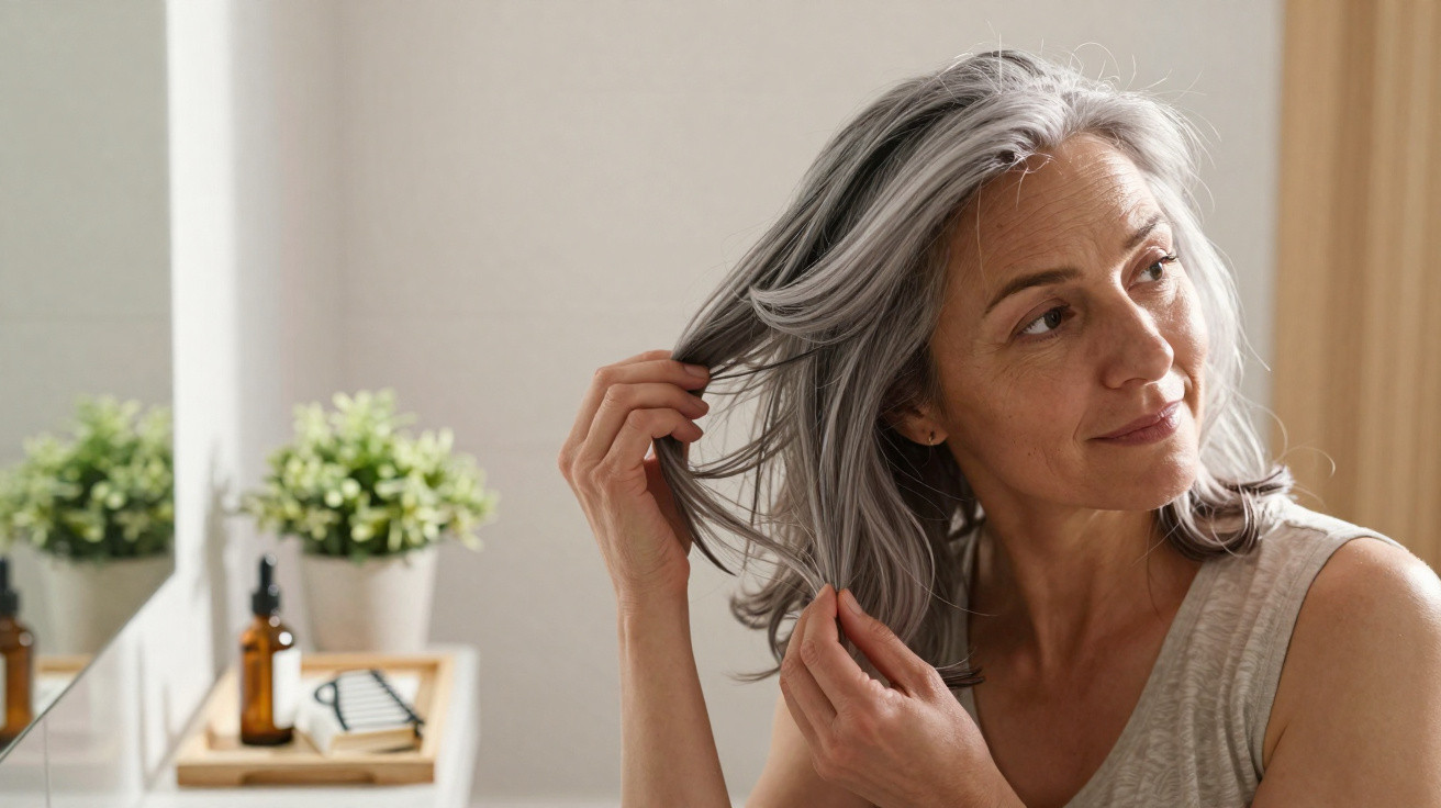 Mulher de meia-idade com cabelo grisalho, a olhar ao espelho enquanto segura uma mecha do cabelo no quarto de banho.