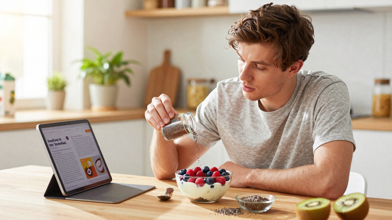 Jovem a polvilhar sementes numa taça com iogurte e frutos vermelhos numa cozinha moderna.