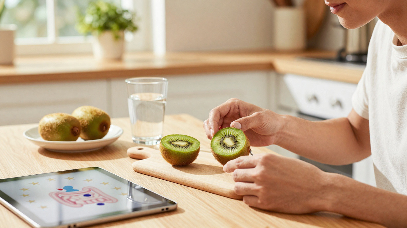 Pessoa a segurar kiwi cortado ao meio numa tábua, com tablet, copo de água e kiwis inteiros numa mesa.