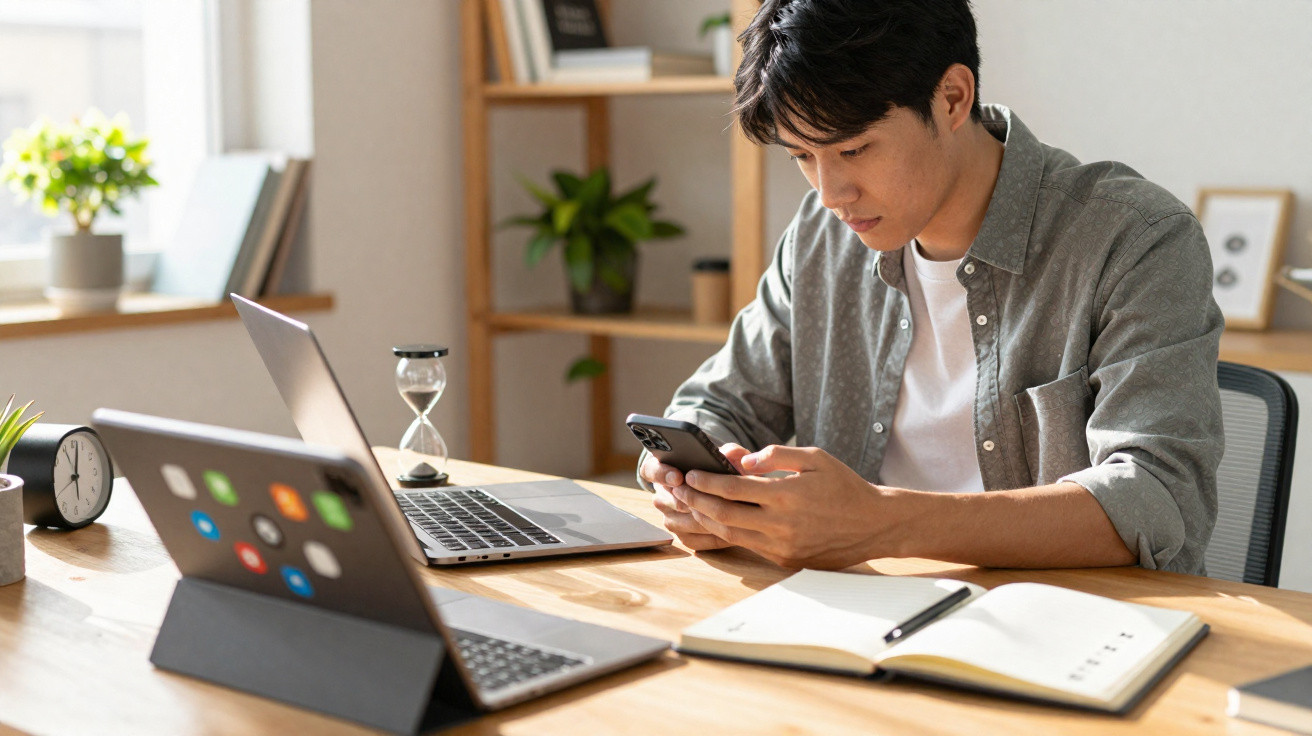 Jovem a usar telemóvel sentado numa mesa com portátil, caderno e tablet, numa sala iluminada.