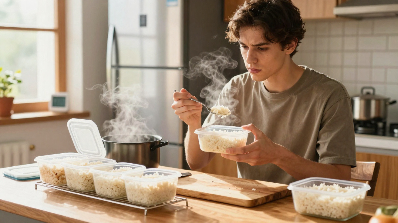 Homem a colocar arroz cozido em recipientes plásticos numa cozinha moderna iluminada por luz natural.