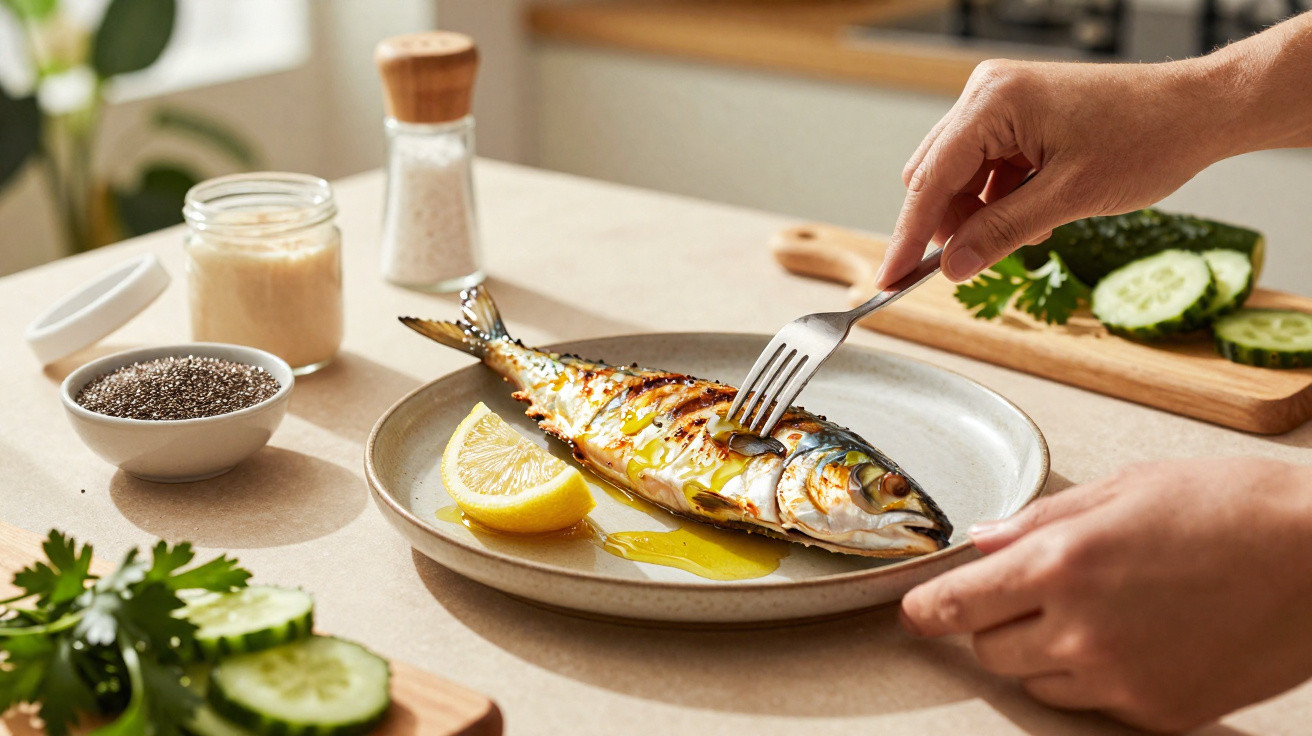 Pessoa a segurar garfo e faca a cortar peixe grelhado com limão numa mesa com temperos e legumes.