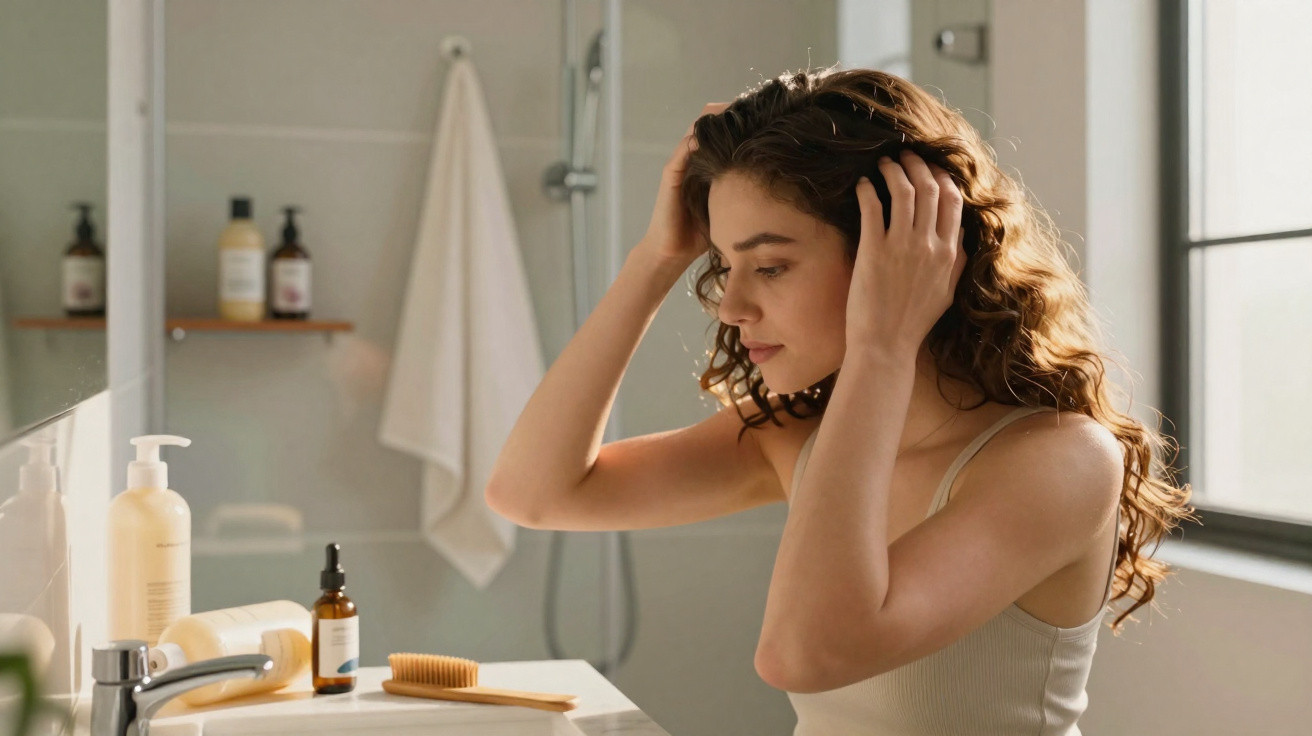 Mulher sentada junto a lavatório, a tocar no cabelo com expressão pensativa num ambiente de casa de banho.