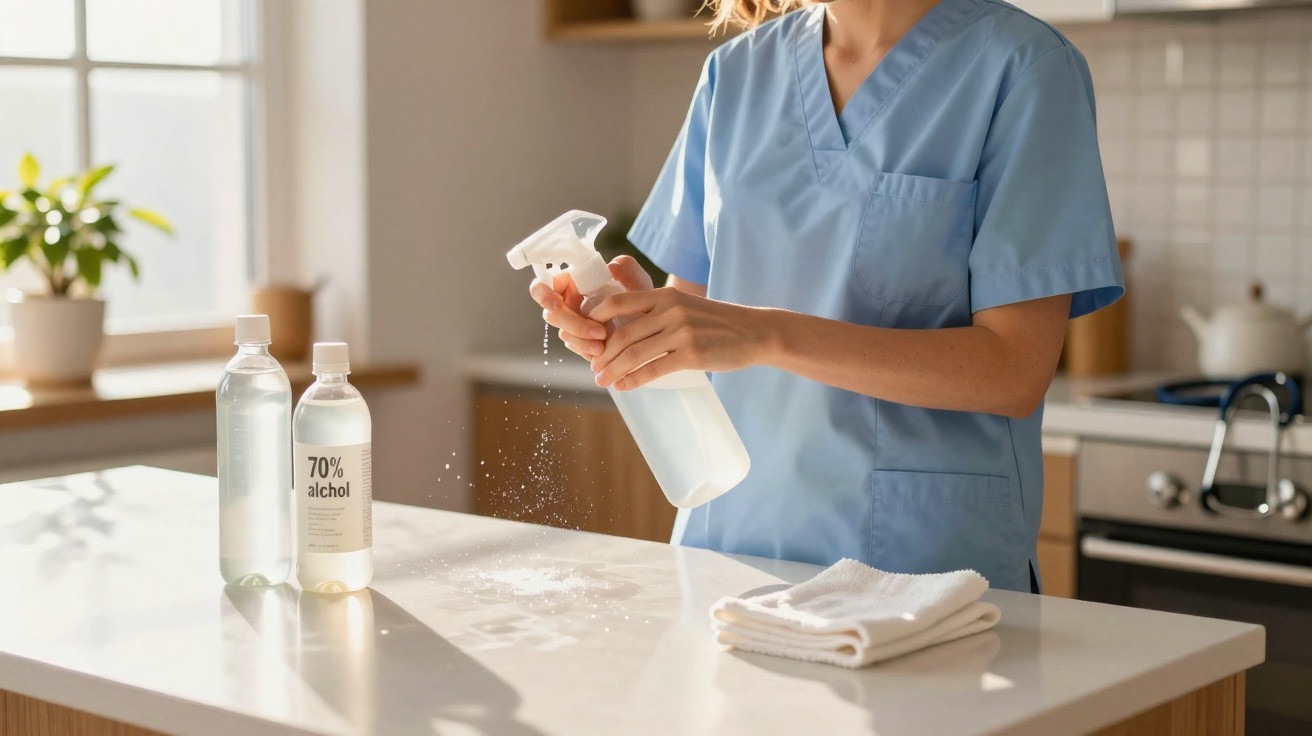 Pessoa em uniforme azul a desinfetar uma superfície com spray e pano, duas garrafas de 70% álcool na bancada.