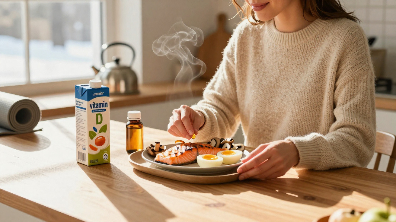 Pessoa sentada à mesa com prato de salmão, ovos cozidos e cogumelos, perto de suplemento de vitamina D.